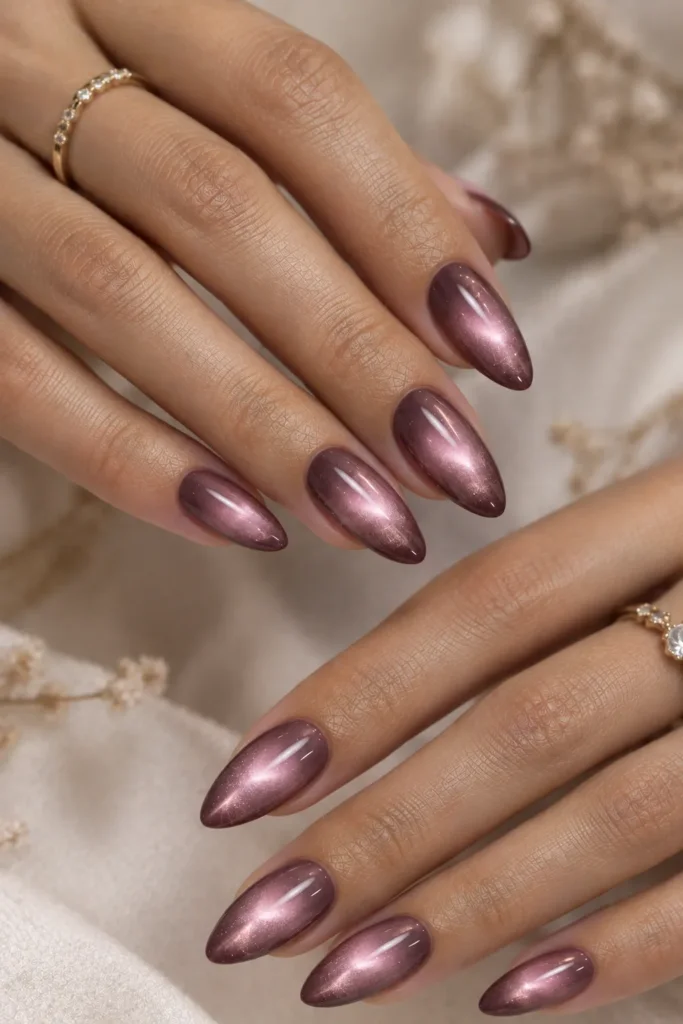 Cat eye aura nails with a glowing pink magnetic center