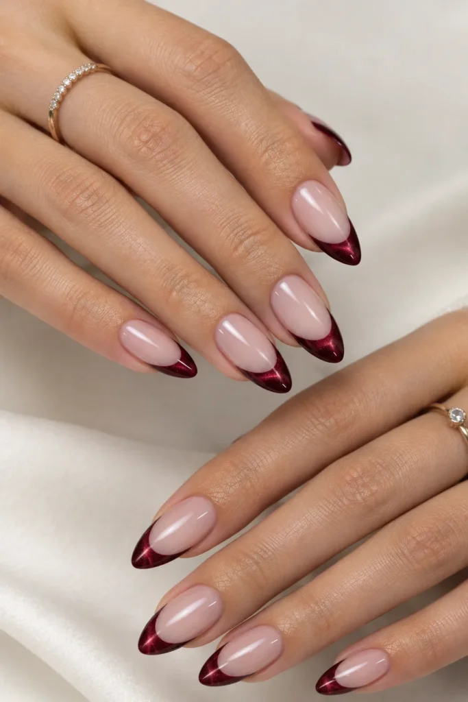 Burgundy cat eye French tip nails on a sheer nude base
