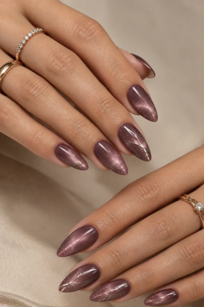 Mauve cat eye nails with delicate silver chrome accents