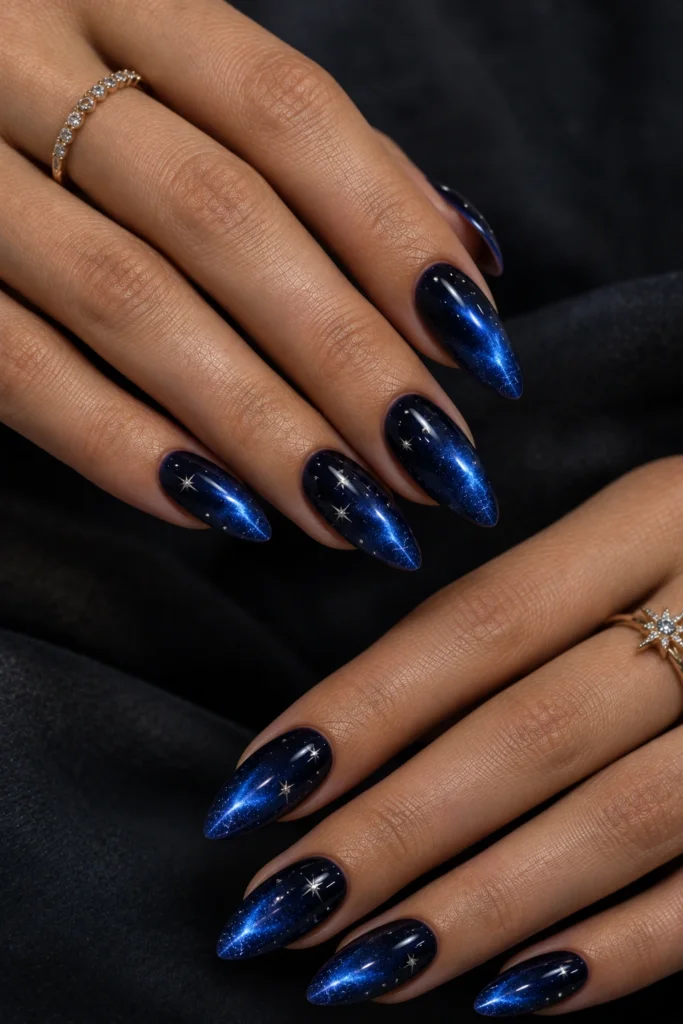 Navy cat eye nails decorated with tiny silver stars