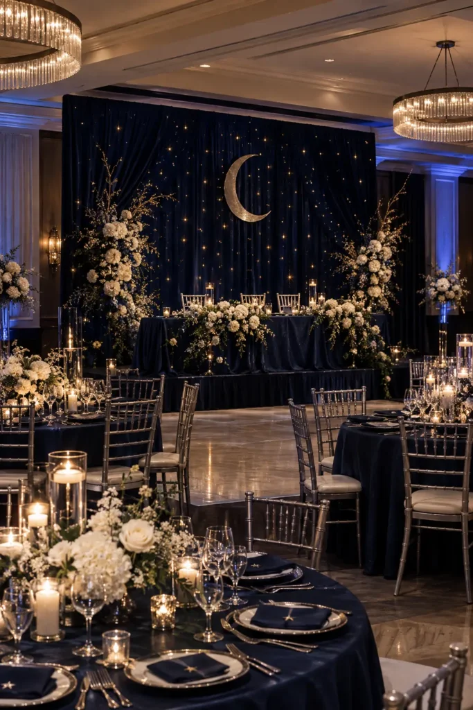 Celestial reception with midnight-blue linens and a backdrop of tiny warm lights.