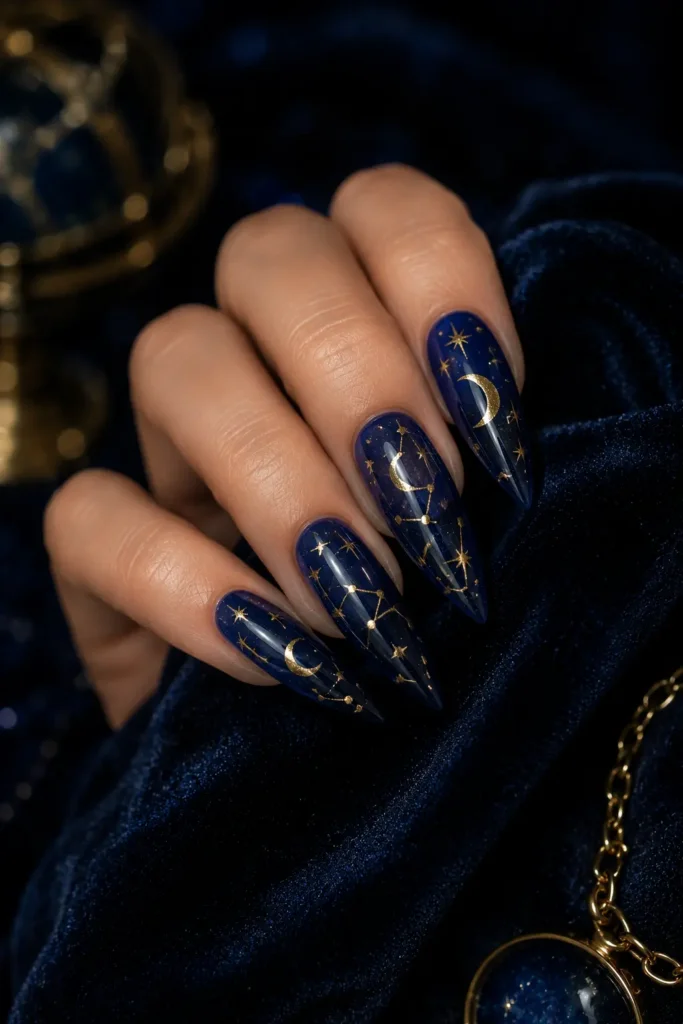 Long stiletto nails with a navy base and tiny gold moons and stars