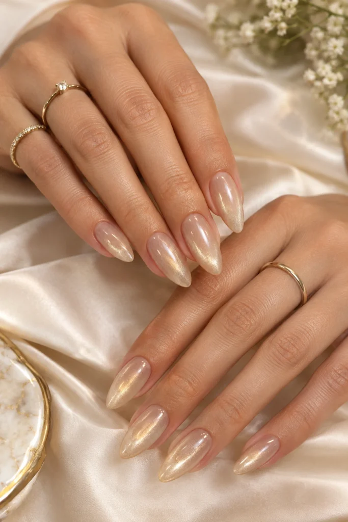 Champagne cat eye nails with pale gold magnetic shimmer