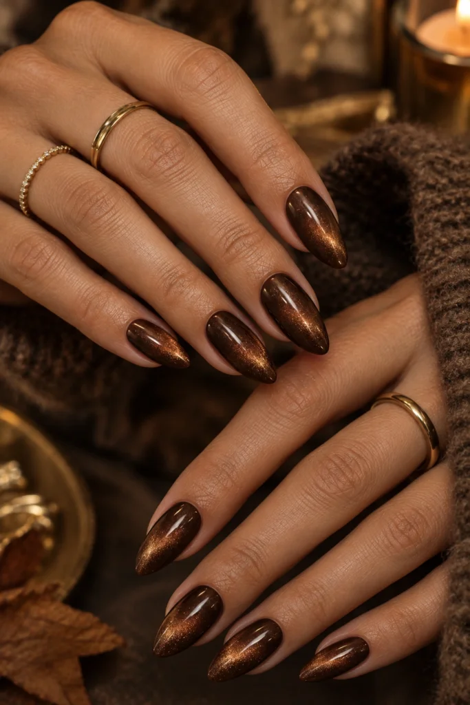 Chocolate brown cat eye nails with caramel magnetic shimmer