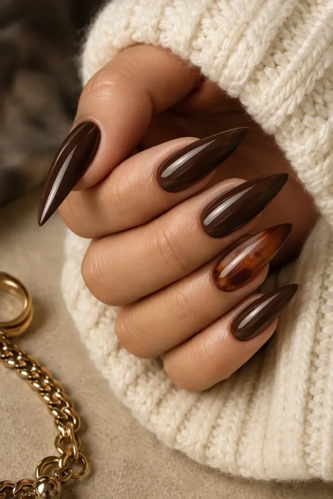 Chocolate brown stiletto nail idea with a caramel jelly accent