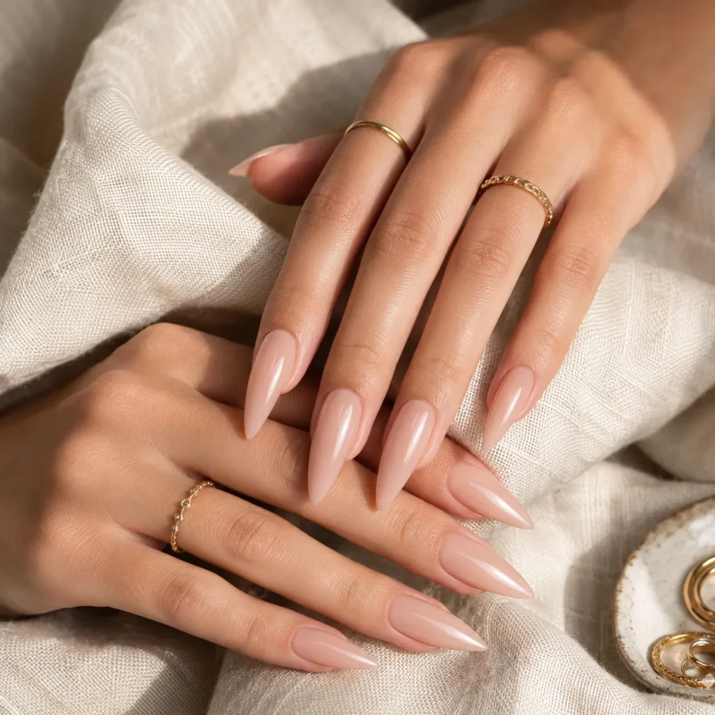 Classic nude stiletto nail idea with a sheer glossy finish