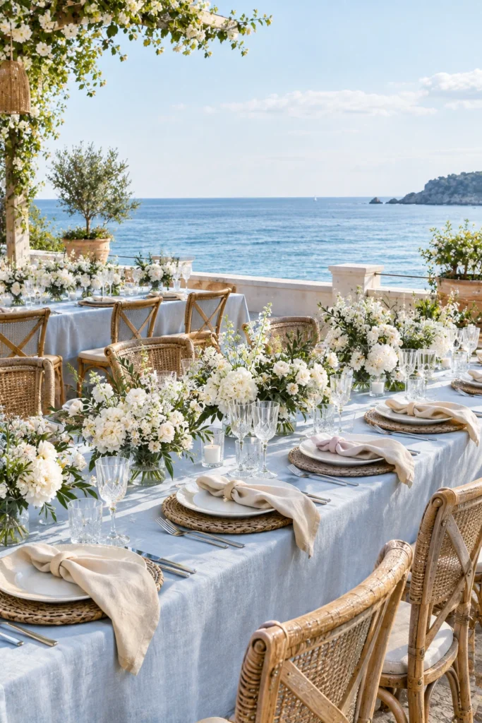Coastal reception with pale blue linens, white flowers, and rattan chairs overlooking the water.
