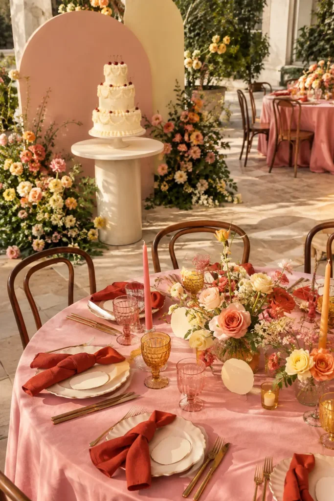Colorful retro reception with pink linens, red napkins, and a vintage-style piped cake.