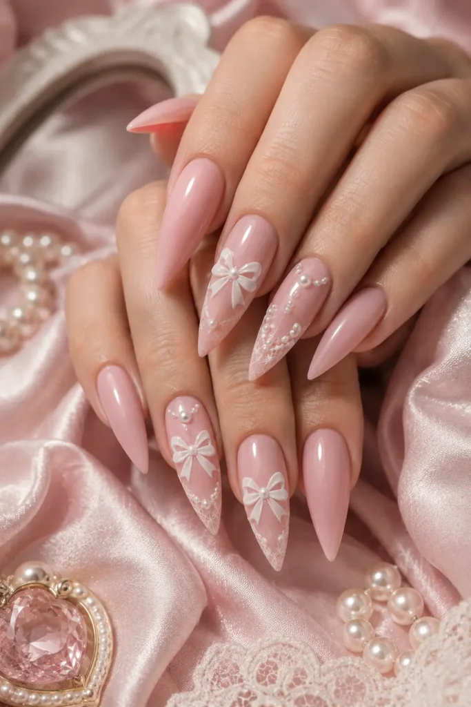 Long blush-pink stiletto nails with tiny white bows and pearl accents