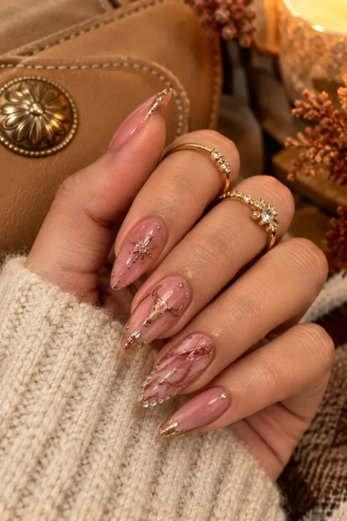 Pink nails with gold accents and subtle rhinestone country glam