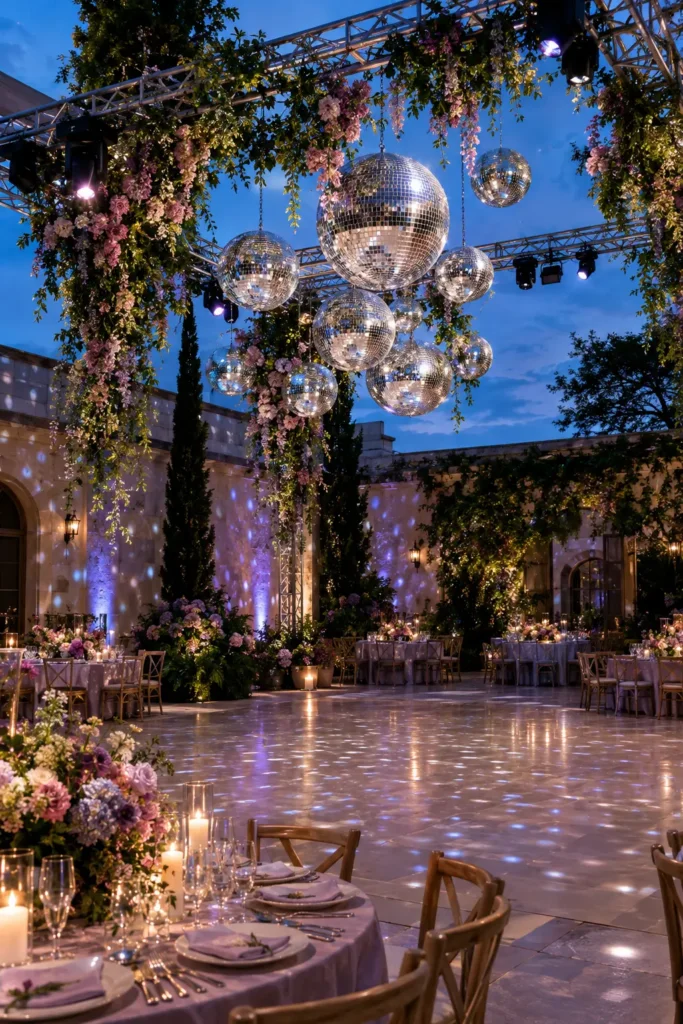 Garden reception dance floor with mirrored disco balls, pink flowers, and reflected light.