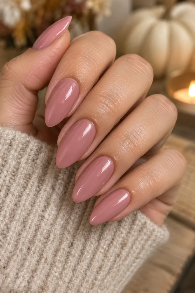 Pink nails in a glossy dusty rose shade on almond-shaped nails