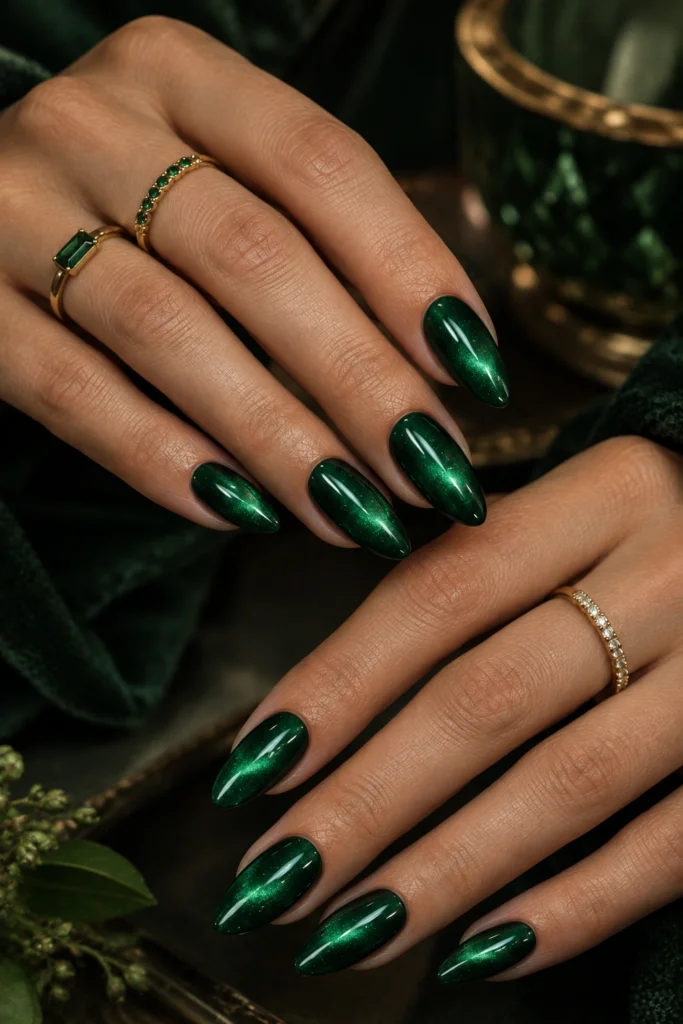 Emerald green cat eye nails with gemstone-like magnetic shimmer