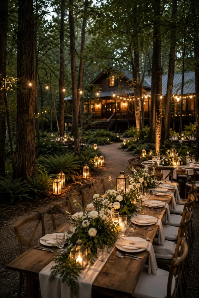 Woodland wedding reception with wooden tables, leafy arrangements, and a lantern-lit walkway.