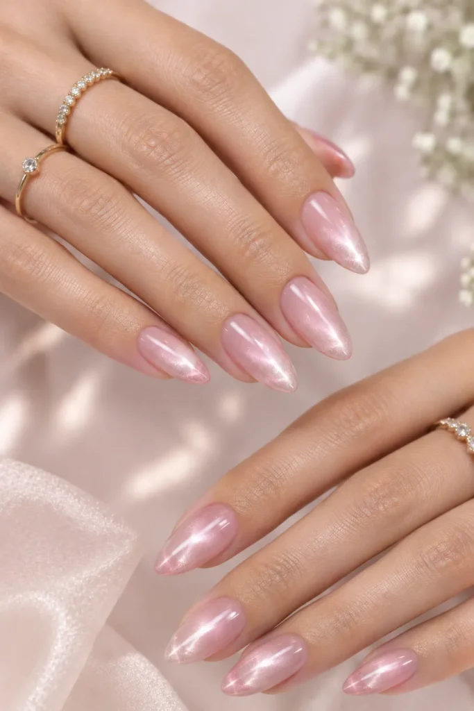 Glass cat eye nails with translucent pink magnetic shimmer