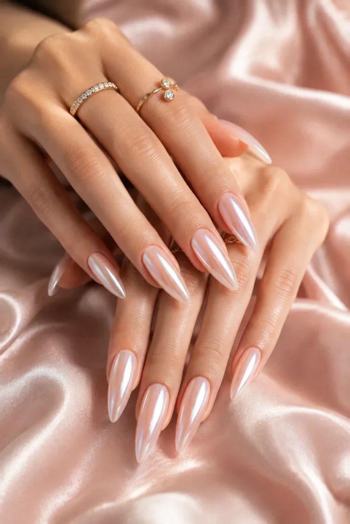 Long stiletto nails with a pink base and luminous pearlescent glazed chrome