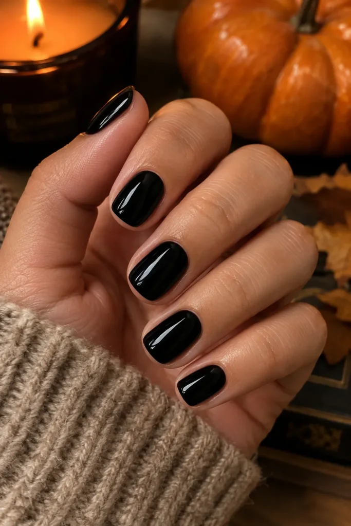 Short squoval nails with glossy jet-black polish