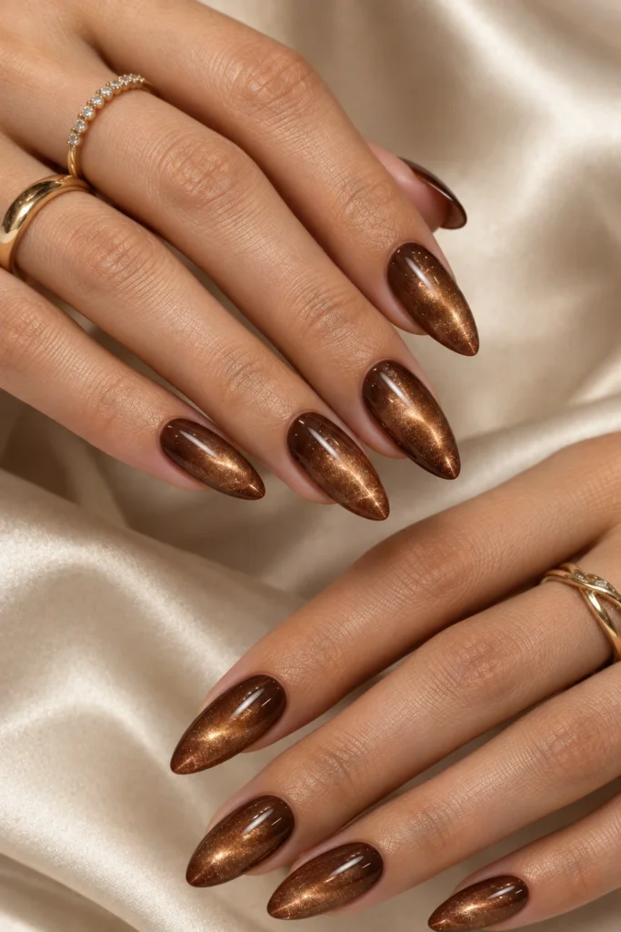 Gold cat eye nails with rich antique-gold magnetic shimmer