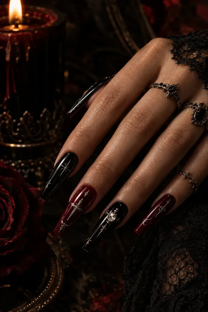 Long coffin nails with black burgundy and silver gothic art