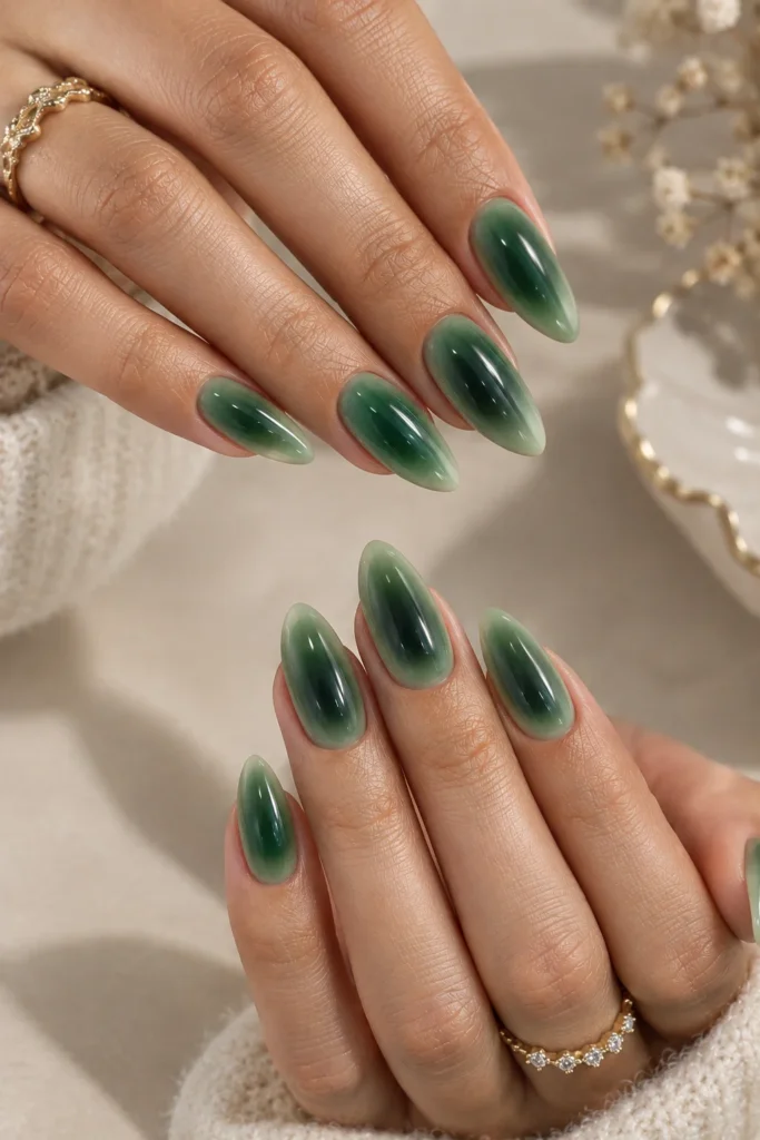 Sage green manicure with a darker green center and glossy finish