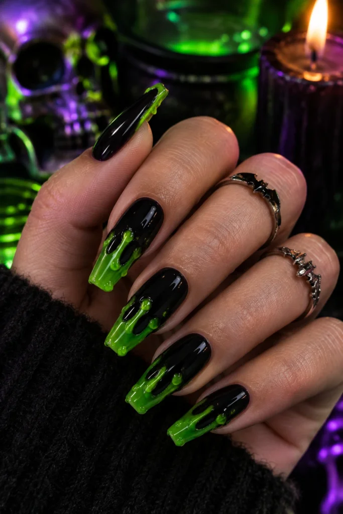 Black coffin nails with bright green slime tips