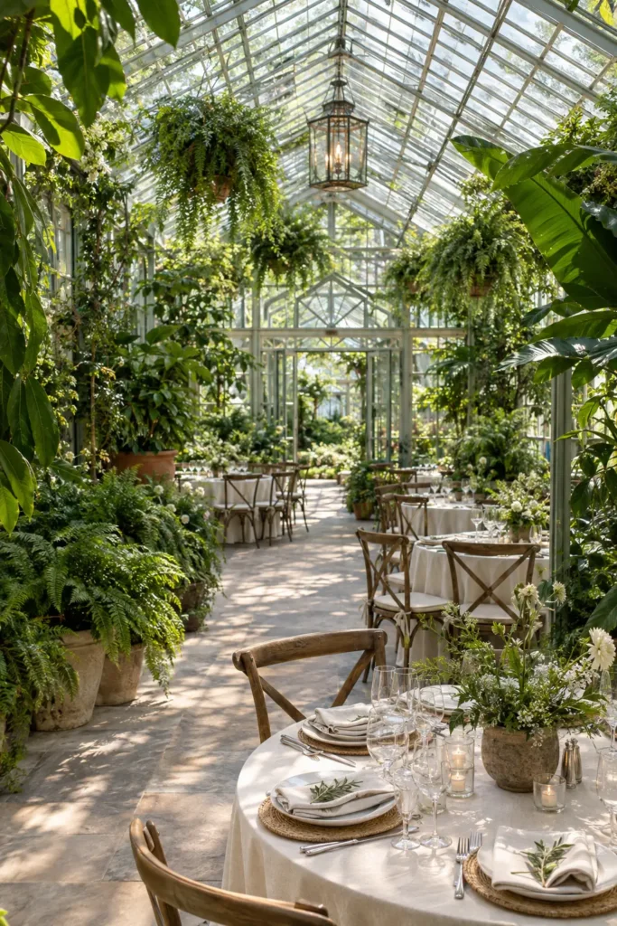 Greenhouse wedding reception with leafy plants, cream linens, and botanical table arrangements.