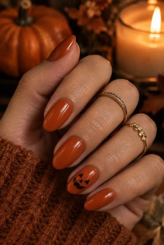 Terracotta orange nails with a jack-o’-lantern accent