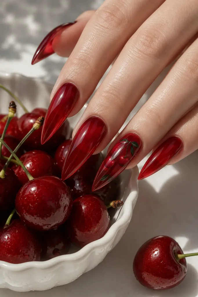 Long stiletto nails in translucent cherry-red jelly polish with a candy finish