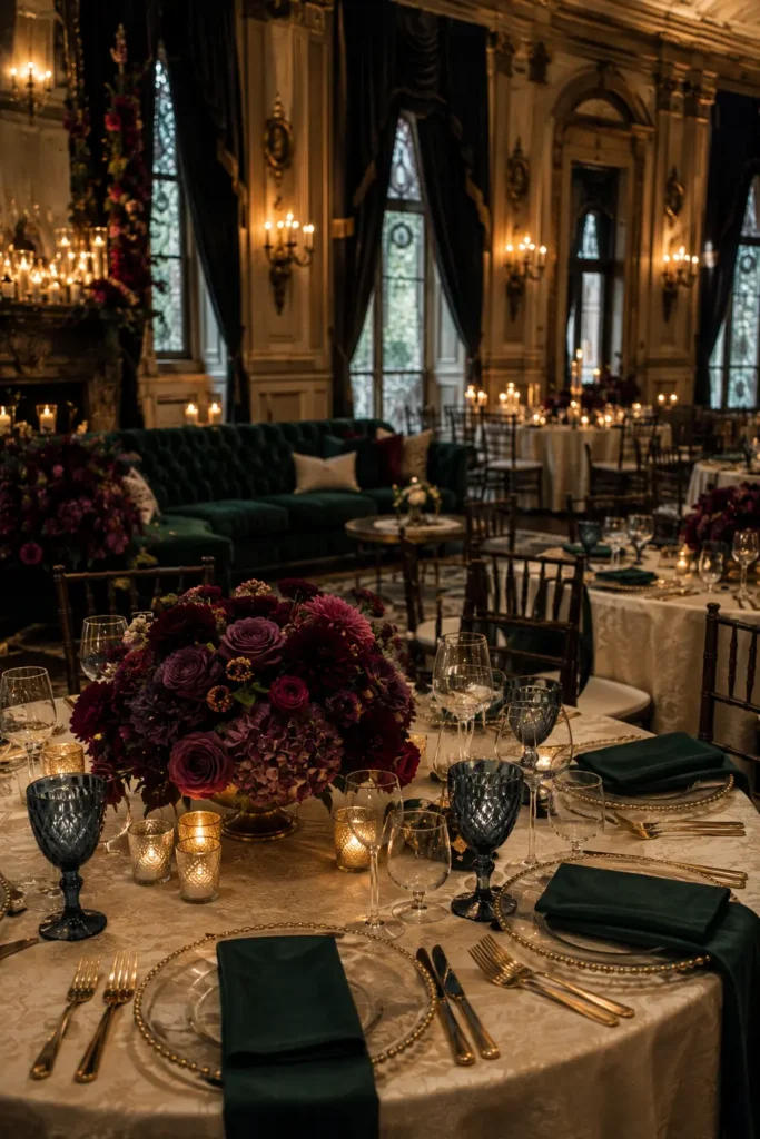 Jewel-tone reception with emerald napkins, plum flowers, and antique-gold table details.