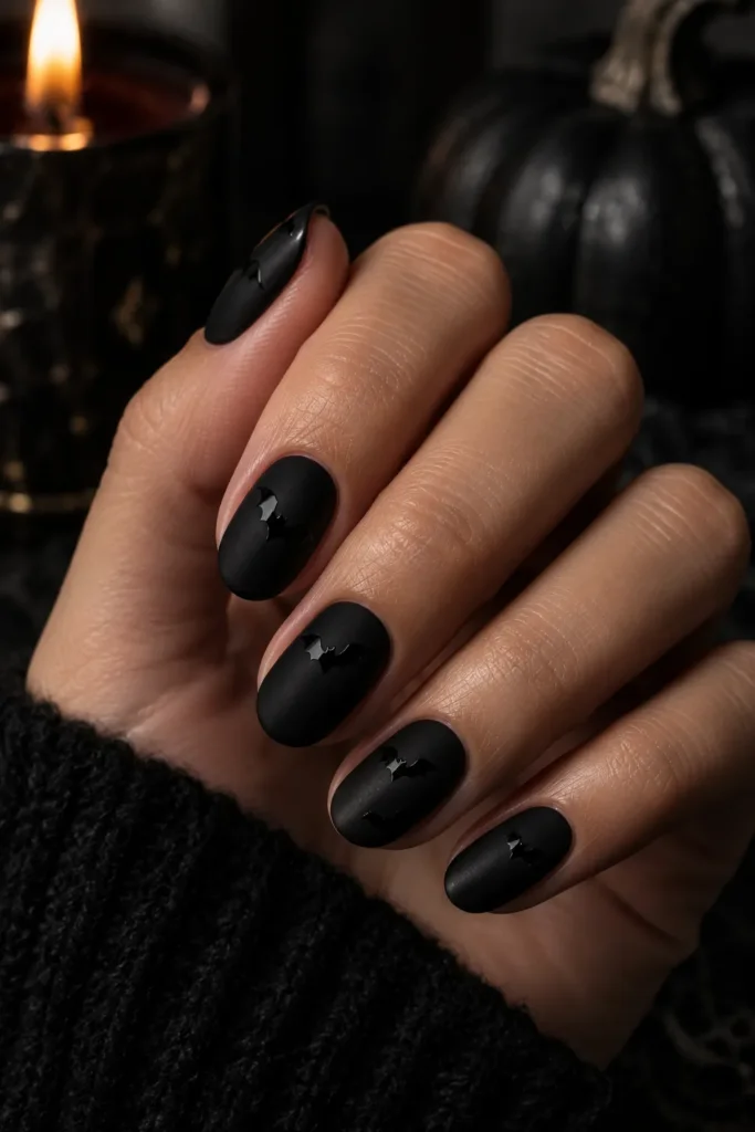 Matte black nails with subtle glossy bat accents
