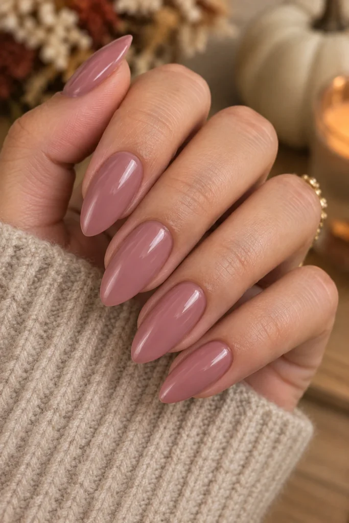 Pink fall nails featuring elegant glossy mauve almond-shaped nails