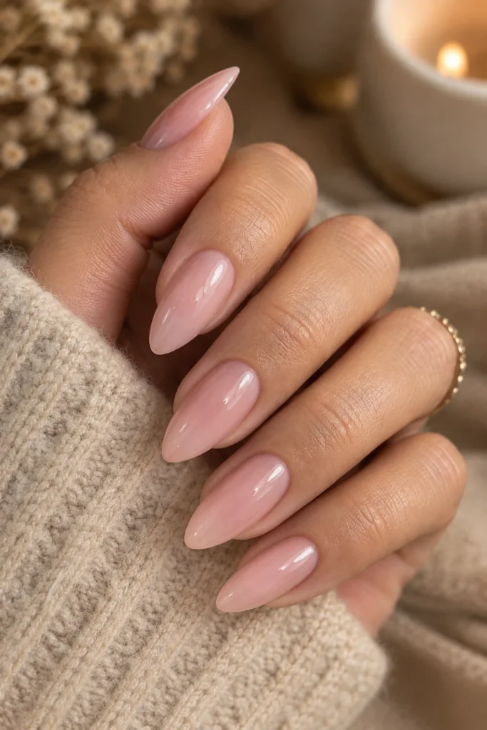 Pink fall nails with a glossy milky pink finish