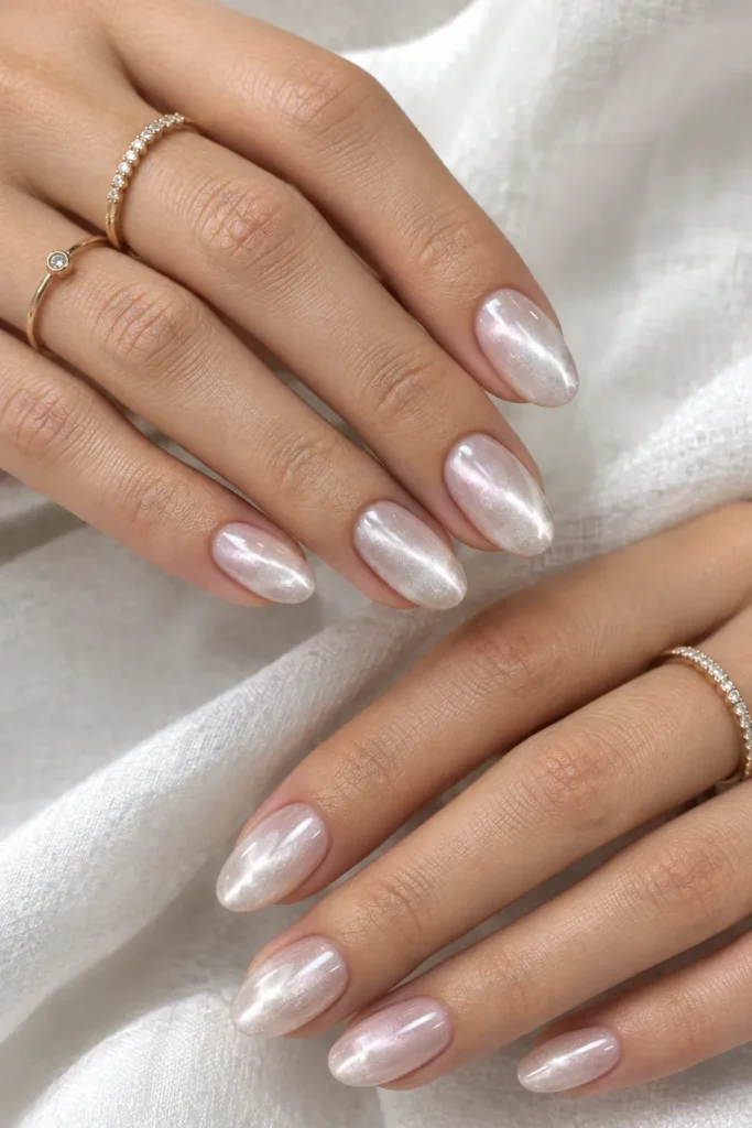 Milky white cat eye nails with delicate pearl shimmer