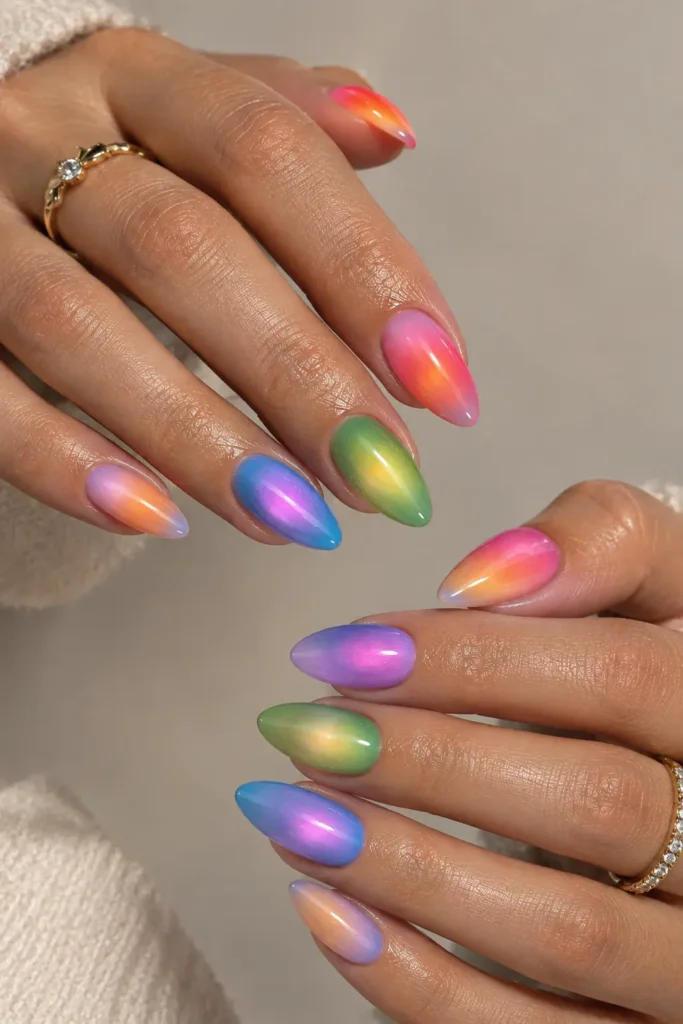 Mismatched aura manicure featuring pink, blue, green, yellow, and lavender
