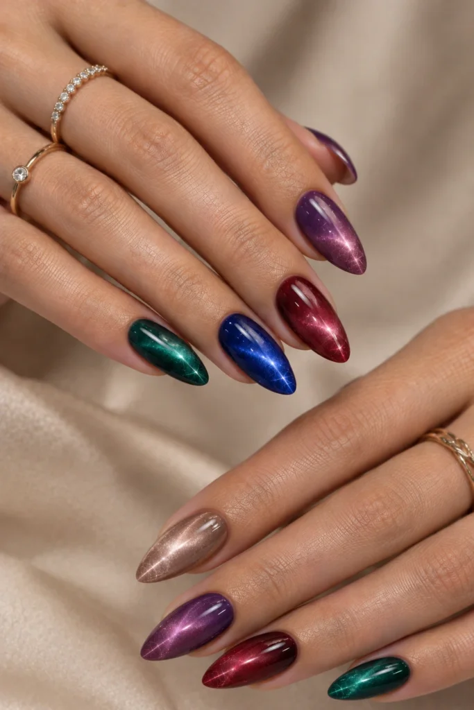 Mismatched jewel-tone cat eye nails in emerald, sapphire and ruby