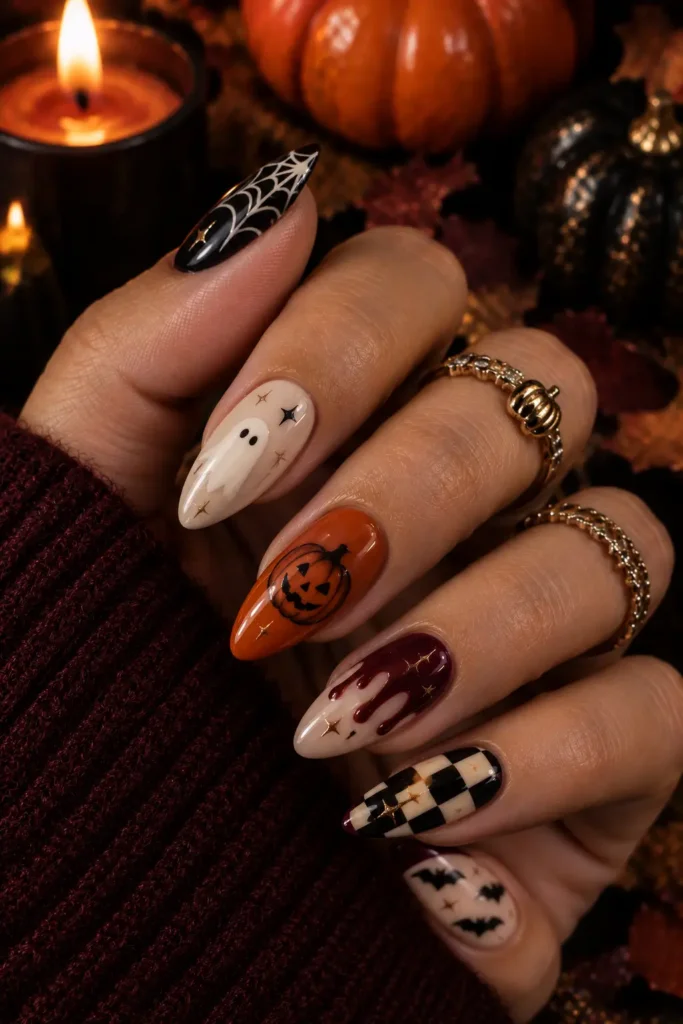 Mismatched almond nails with ghosts webs pumpkins and Halloween details