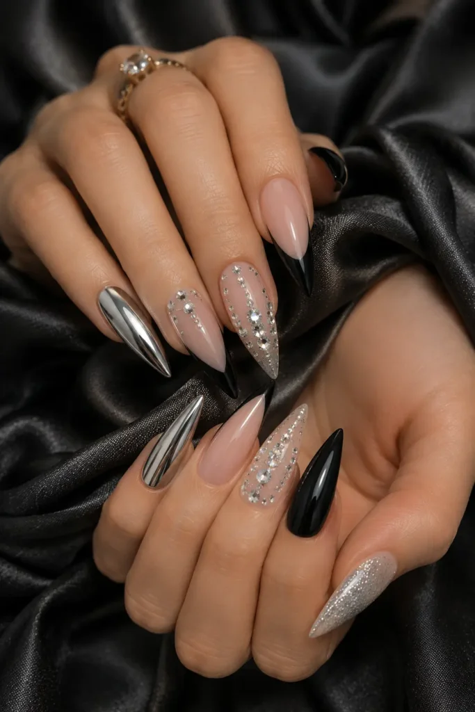 Mix-and-match glam stiletto nail idea in black, silver and nude