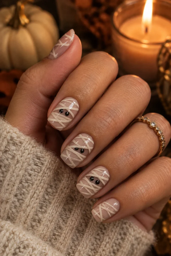 Short beige nails with ivory mummy wrap details