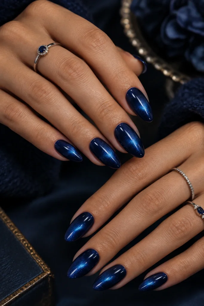 Navy blue cat eye nails with sapphire magnetic shimmer