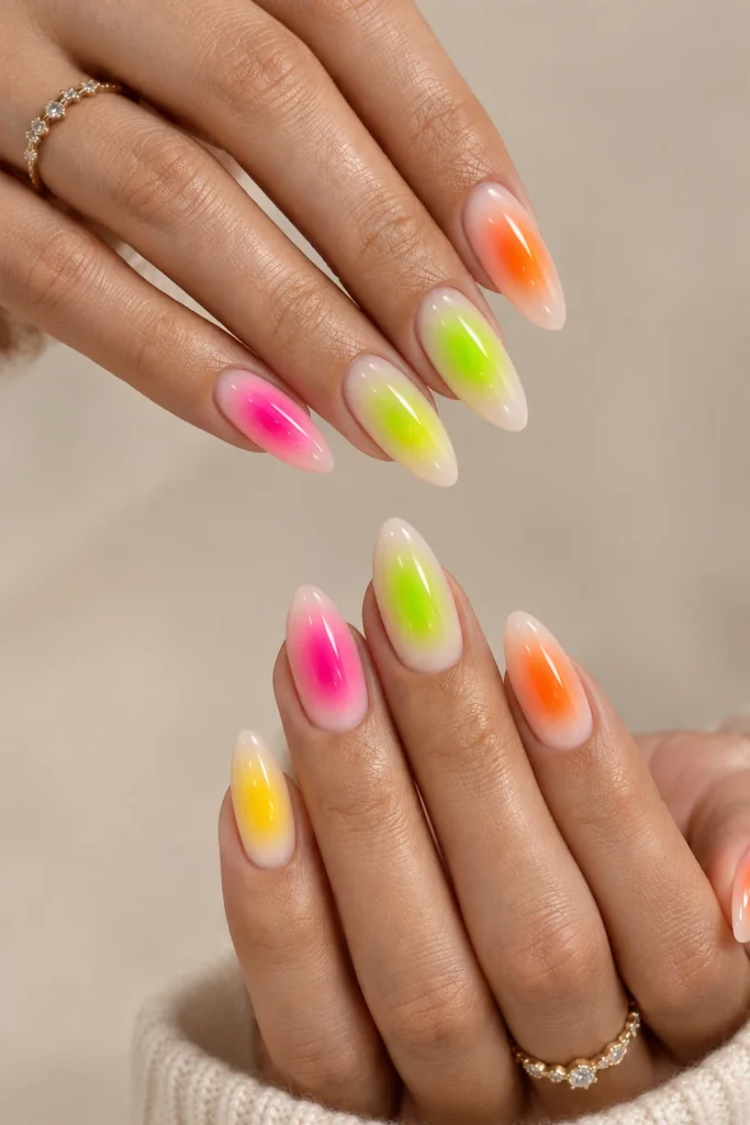 Neon pink, orange, green, and yellow gradient manicure