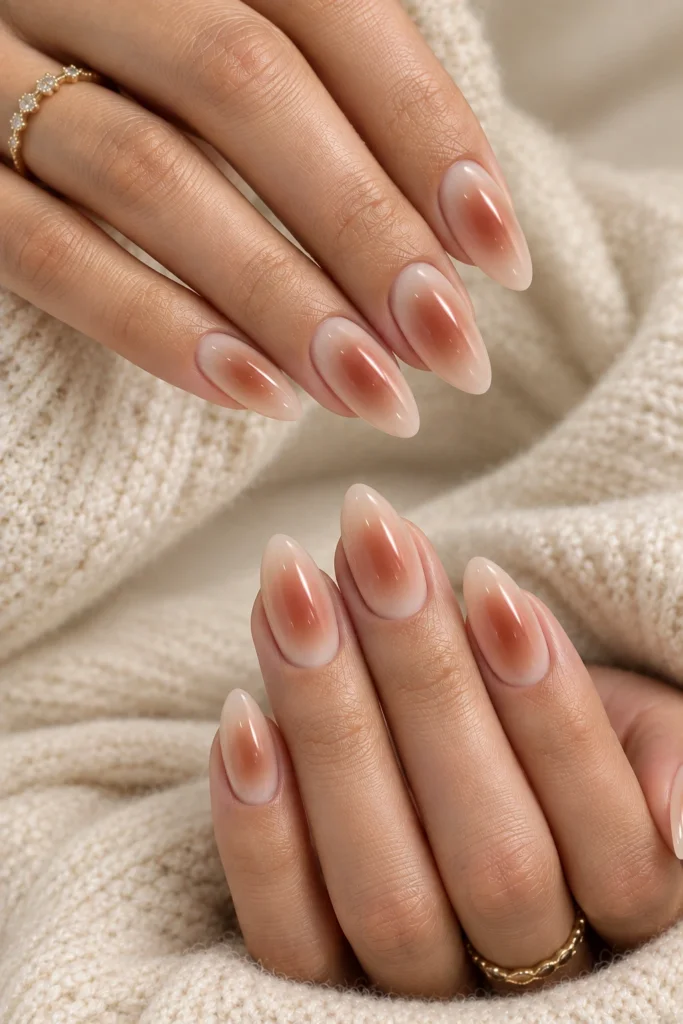 Subtle nude manicure with a soft caramel and blush center