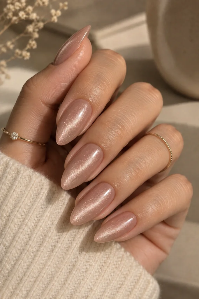 Nude velvet cat eye nails with soft beige magnetic shimmer