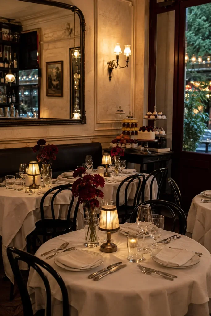 Bistro wedding reception with small tables, burgundy flowers, and warm brass lamps.