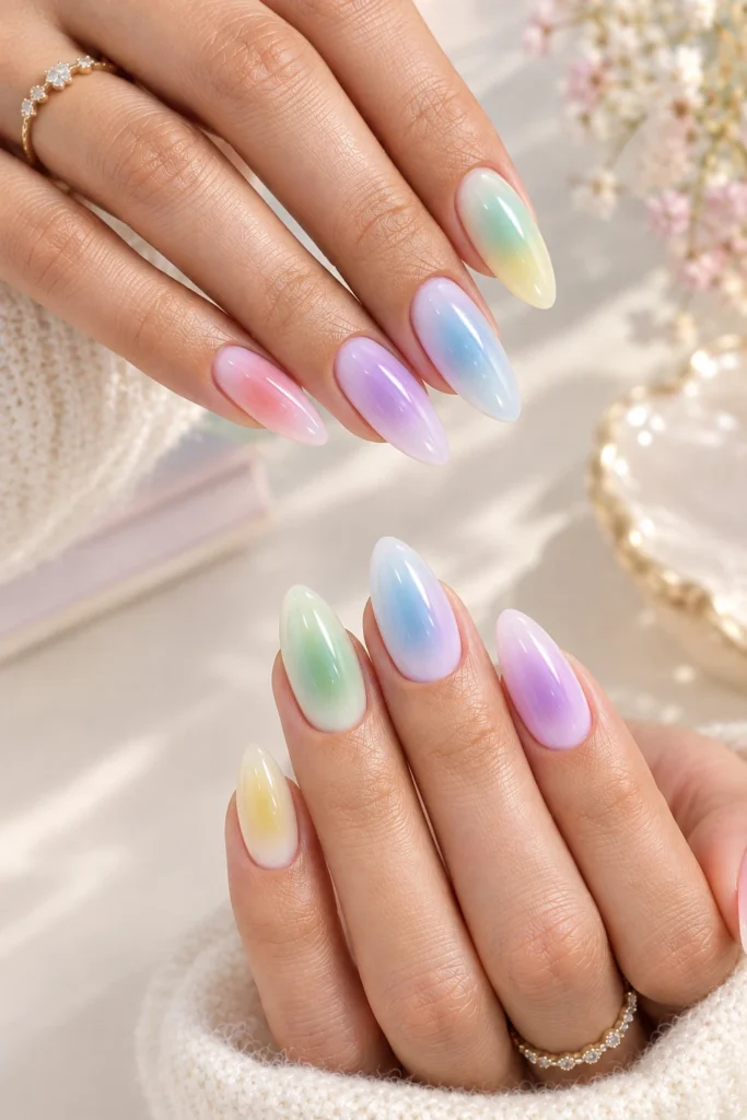 Pastel pink, lavender, mint, yellow, and blue gradient nails