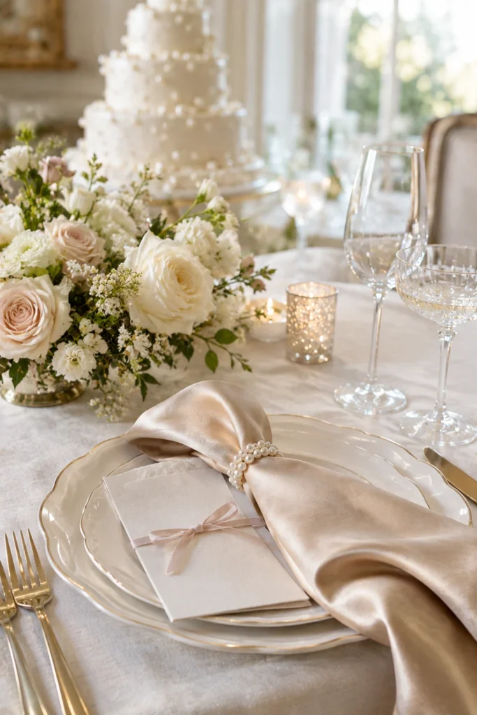 Ivory wedding place setting with a pearl napkin ring and a blush ribbon bow.