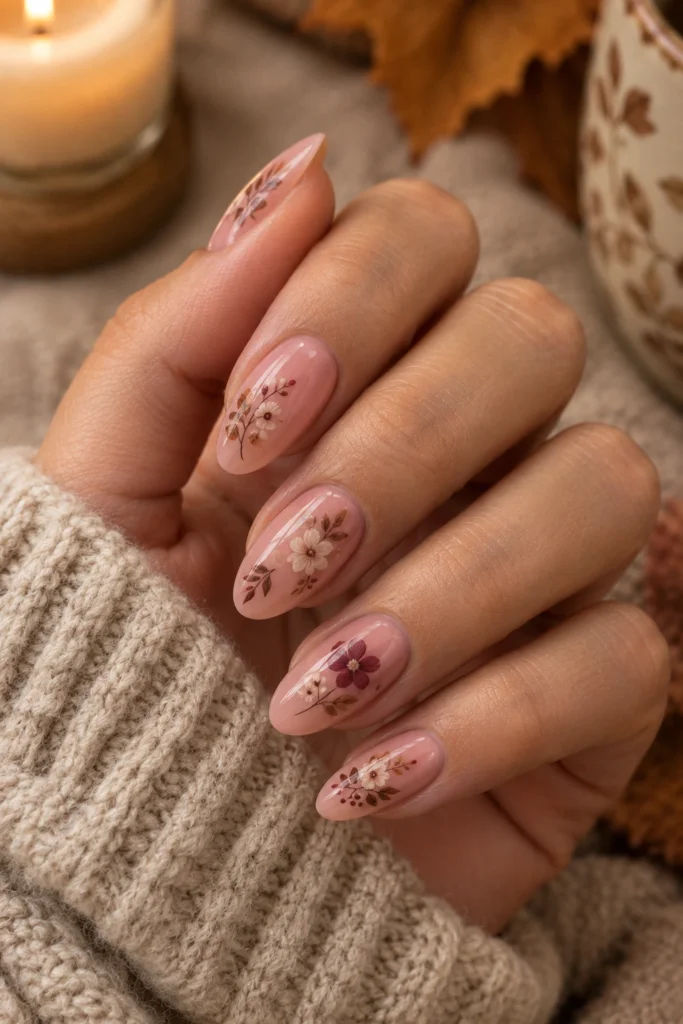 Pink nails with delicate brown beige and burgundy autumn florals
