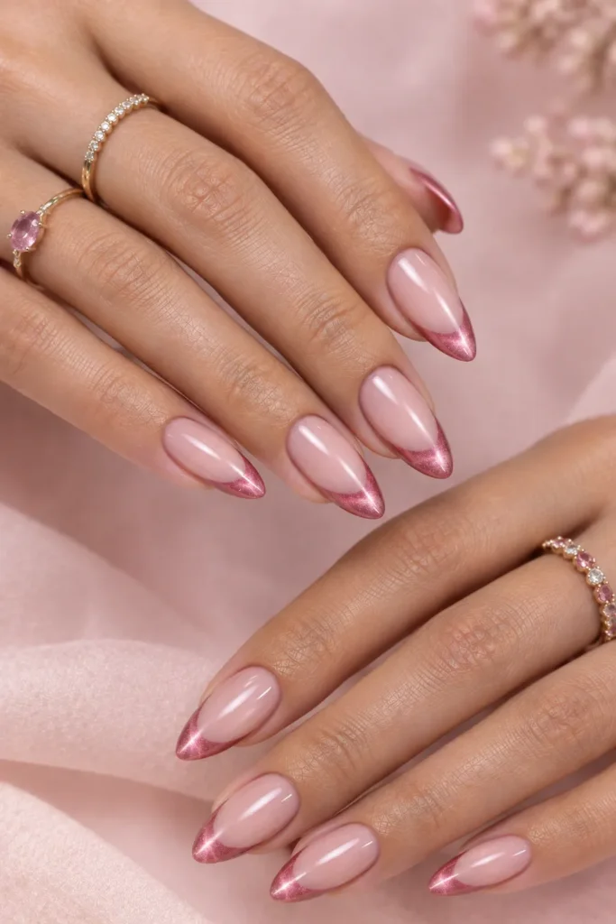 Pink cat eye French nails with rosy magnetic tips