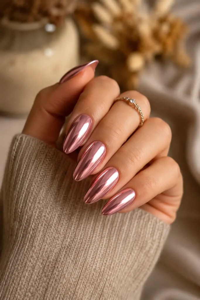 Pink fall nails with a muted rose chrome finish