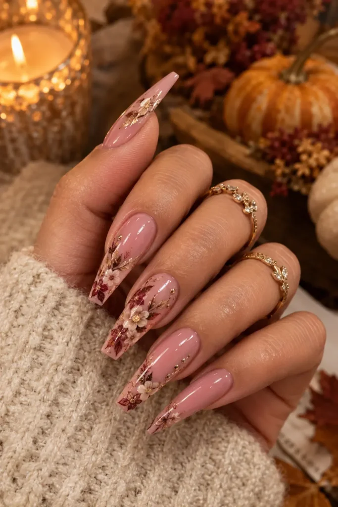 Pink fall nails on long coffin-shaped nails with autumn floral art
