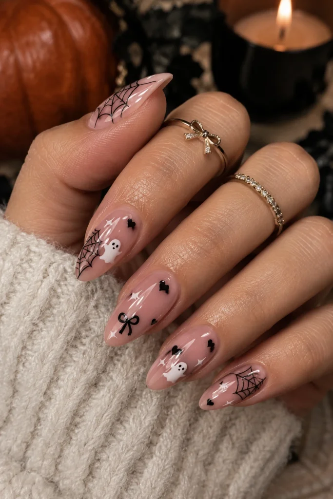 Blush pink almond nails with black webs and tiny ghosts
